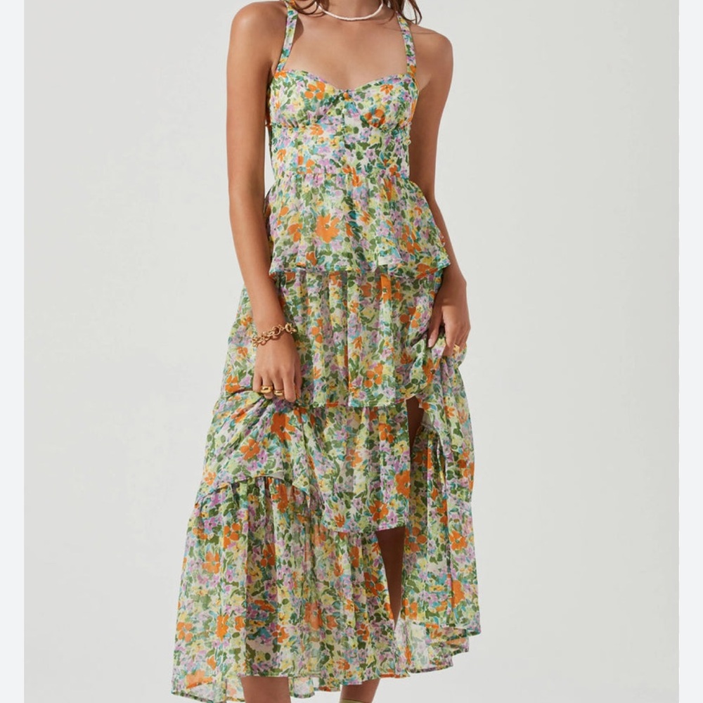 Midsummer Dress in Green & Orange Multi Floral